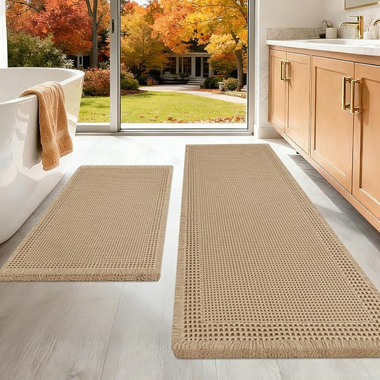 Upgraded Waffle Bath Mat Set 2 Piece Beige-Bordered, Super Absorbent Non-Slip Quick Dry Bathroom Rugs with Tassels, Machine Washable Ultra Soft Boho Bath Rugs for Floor, Bath Mats Boho Farmhouse Decor