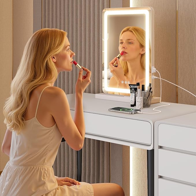 Sweetcrispy 17"x13" LED Mirror with Lights, Compact Lighted Vanity Mirror | for Desk, Dorm & Travel, Dimmable 3 Color Modes, Memory Function, Portable Lighted Makeup Mirror , USB Powered