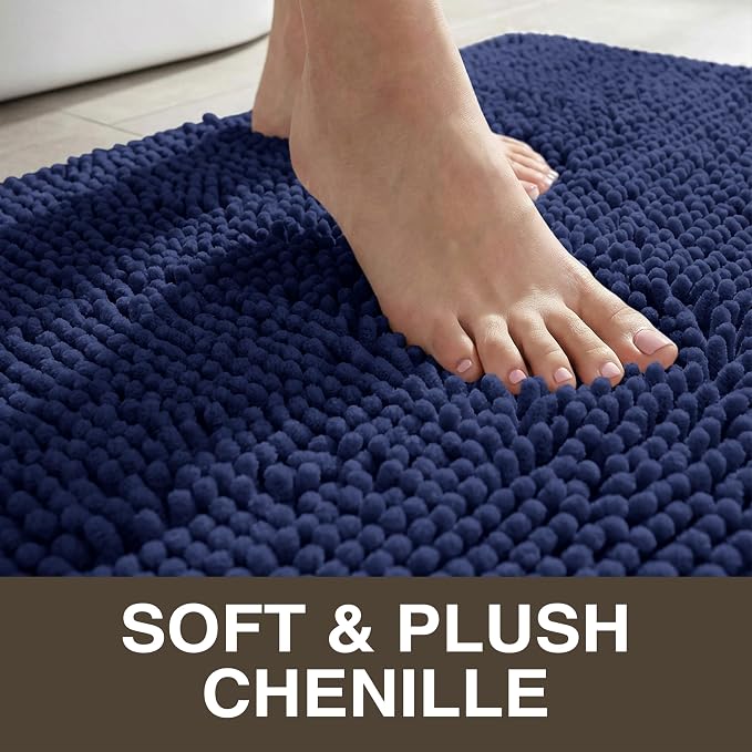 Neater Home Plush Bathroom Rugs 24x17 Thick Chenille Quick Dry Microfiber Absorbent Bath Mat, Soft Bath Rugs, Machine Washable Bathroom Floor Mat for Tub Shower Sink, Home Decor Accessories, Navy