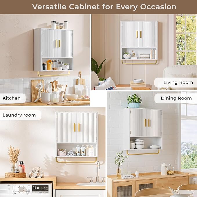 Bathroom Wall Cabinet, Medicine Cabinet with Fluted Door & Adjustable Shelf | Over The Toilet Storage Cabinet with Towel Bar, Space-Saving Cabinet Wall Mount for Laundry Room, Kitchen, Living Room