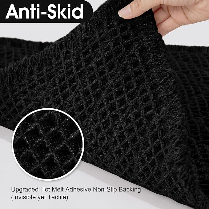 Upgraded Waffle Bath Mat Set 3 Piece Black-Herringbone, Super Absorbent Non-Slip Quick Dry Bathroom Rugs with Tassels, Machine Washable Ultra Soft Boho Bath Rugs, Toilet Mats Boho Farmhouse Decor