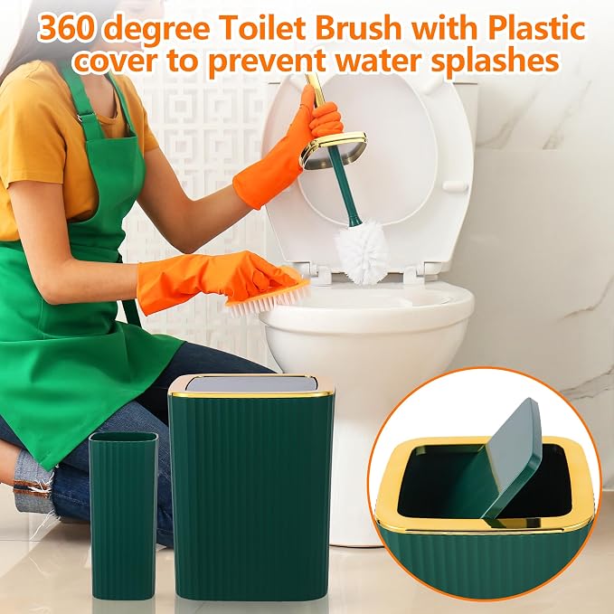 9 PCS DarkGreen Bathroom Accessories Set with Trash Can Bathroom Accessory | All-in-One Kit with Trash Can,Toothbrush Holder,Soap Dispenser,Toothbrush Cup,Vanity Tray,Soap Dish,Toilet Brush etc for Home