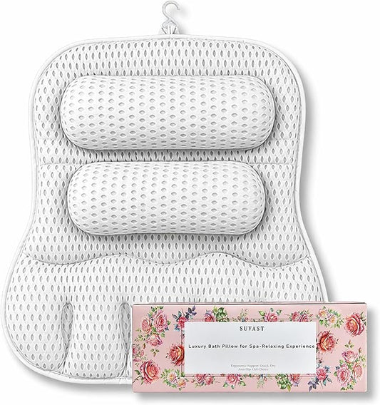 Luxury Bath Pillow for Tub, with 10 Strong Suction Cups, Non-Slip Bathtub Pillow for Head Neck & Back Support, Extra Large 21” Spa Bath Pillow, 4D Air Mesh Quick-Dry, Gift for Women(White)