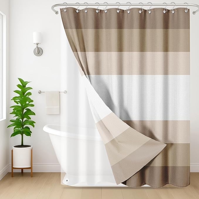 3 in 1 Shower Curtain and Liner,72 x 72 inch, Ombre Striped | Modern Beige Shower Curtain and PEVA Liner Set with 12 Rust-Resistant Metal Hooks, Waterproof Fabric Curtains for Bathroom