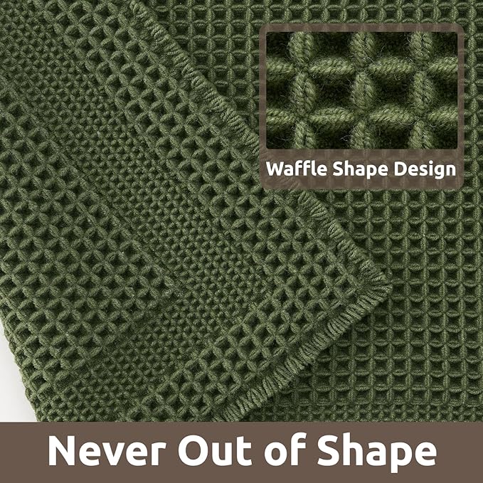 AMOAMI Waffle Bath-Mat, Absorbent Bath Mats for Bathroom Non Slip, Machine Washable Bathroom Rugs with Tassels Ultra Soft Boho Bath Rugs for Floor 17"x24" Dark Green