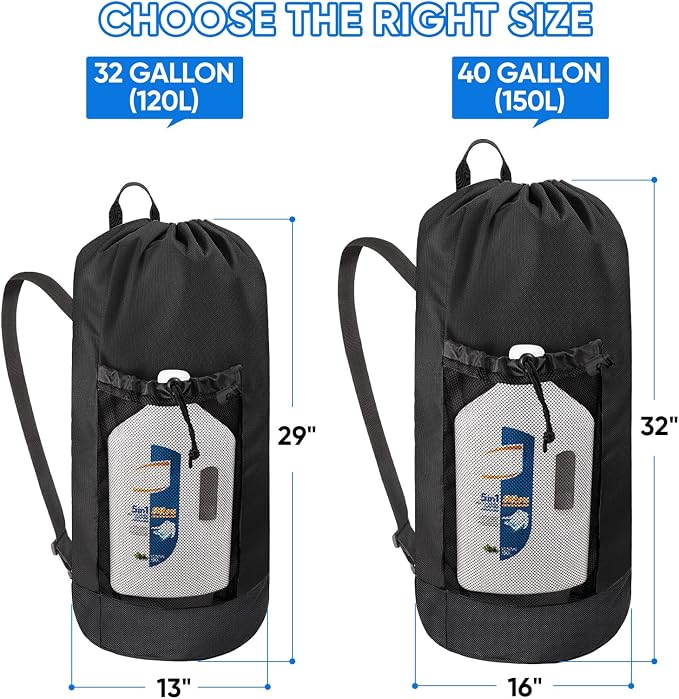 BALEINE 2PK 120L Laundry Bag Backpack, 900D Oxford Fabric Large Travel Laundry Bags with Shoulder Straps and 2 Mesh Pockets for College Dorm, Apartment, Laundromat (Black, 120L)