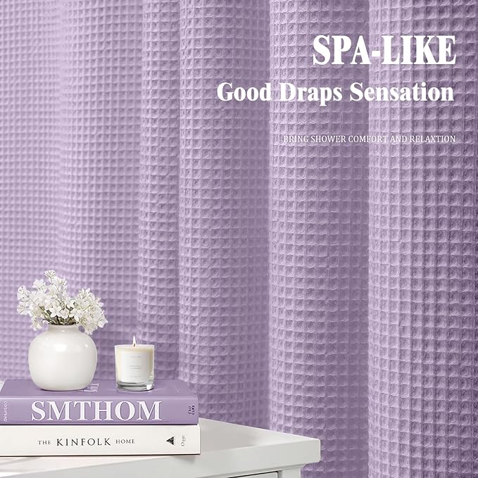 Waffle Weave Shower Curtain Heavyweight Cotton Fabric Lavender 72Wx72L | Soft Cotton Cloth,3D Square Truely Waffle Washable, Hotel Luxury Spa, Shower Curtain Set for Bathroom 12 Plastic Hooks