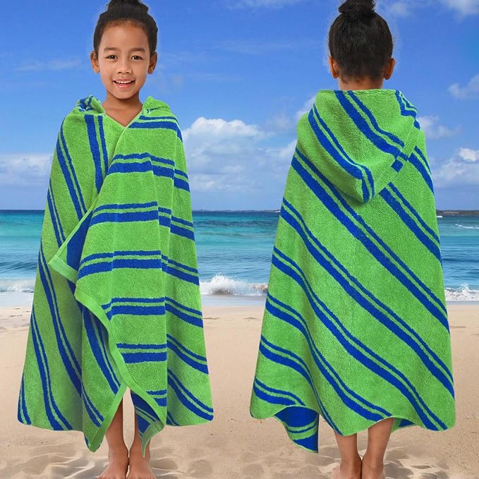 VOOVA & MOVAS Hooded Pool Towels for Kids,3-10 Years,Green | Fine Jacquard Stripe Craft, Generous Size, Powerful Absorbency, Great for Daily Bath and Outdoor Water Play