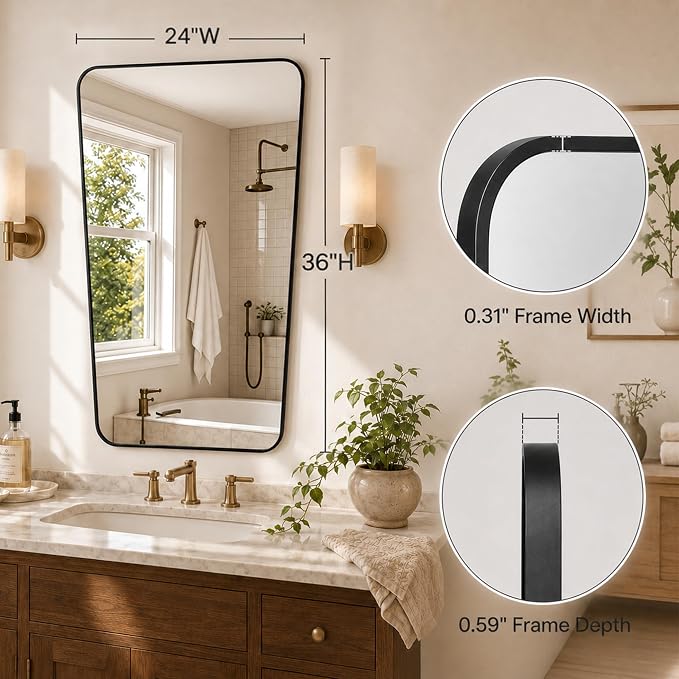 Matte Black Tapered Rounded Rectangle Bathroom Mirror, 24x36 Inch | Aluminum alloy frame, soft trapezoid shape, tempered glass, reversible vertical keyhole mount