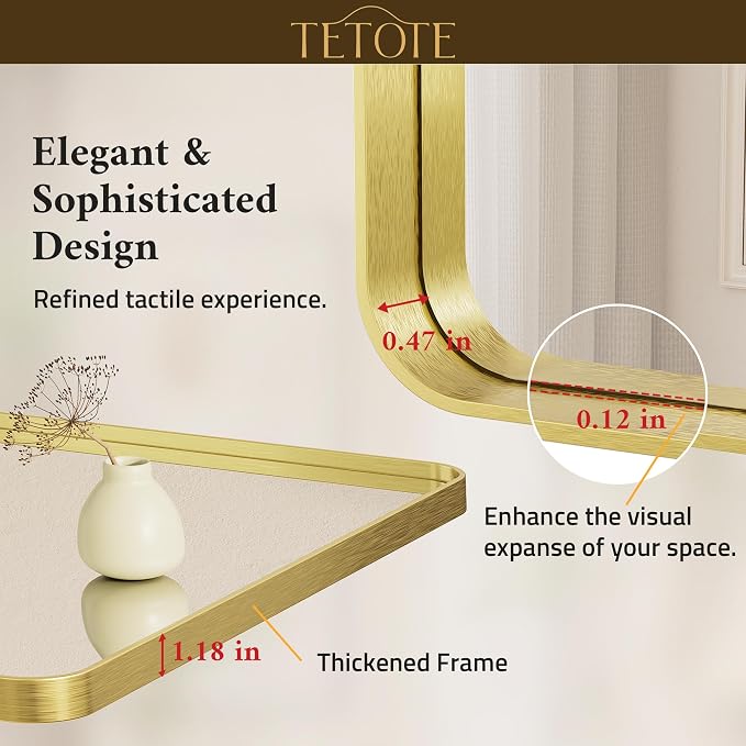 40 x 30 Inch Gold Bathroom Mirror, Brushed Brass Metal Frame Mirror for Vanity, Rectangle Wall Mounted Golden Modern Mirror (Horizontal/Vertical)