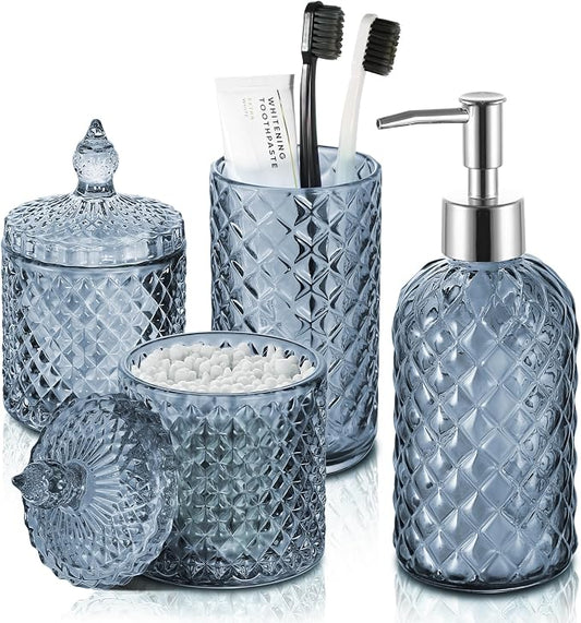 RYTOXILO Blue Bathroom Accessories Set, 4 Pack Light Blue Bathroom Decor Accessory Sets Complete, Diamond Glass Soap Dispenser and Toothbrush Holder Set for Bath Counter Organizer Essentials