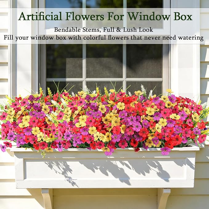 24PCS Fake Flowers Outdoor, UV Resistant Artificial Silk Flowers | Realistic Faux Flowers for Hanging Baskets, Window Boxes & Planters, Porch, Yard, Cemetery, Spring Outdoor Home Decor