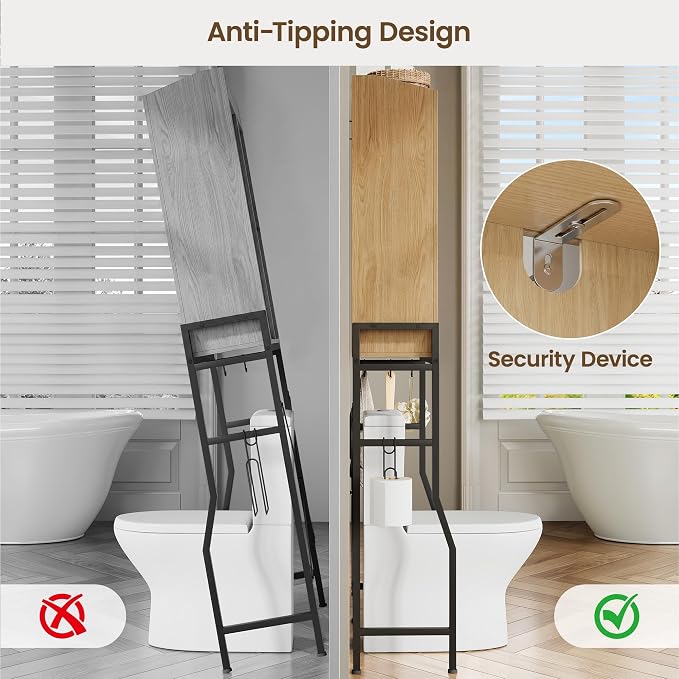Over The Toilet Storage Cabinet with 2-Door & Metal Stand, Wood | Toilet Paper Holder, 3 Extra Hooks, Anti-Tipping Device, With Adjustable Shelves, for Bathroom, Restroom, Laundry