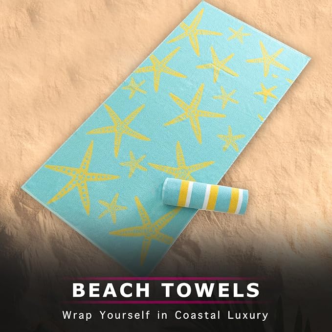 CASA COPENHAGEN Miami Towel 2Pcs Starfish Cyan - Teal Stripe Designer Stripe Beach Towels Gift Set 30"x60" Oversized 100% Cotton Pool Bath Towel for Beach Gift Set (Summer Gift Set for Women & Men)