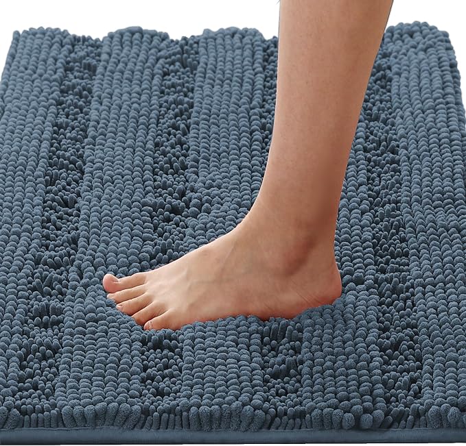 H.VERSAILTEX Bath Mats for Bathroom Non Slip Thick Chenille Striped Bath Rug Absorbent Fluffy Soft Shaggy Rugs Washable Dry Fast Plush Mats for Indoor, Bath Room, Tub - 20" x 32", Blue Indigo