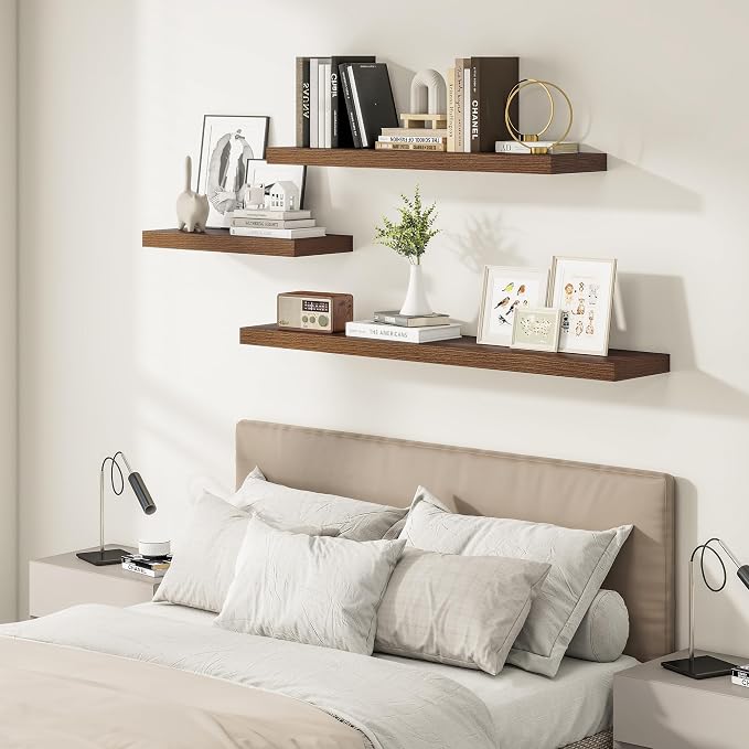 Vivelove Deep Floating Shelves 55x12” Set of 2, Walnut | Easy Install With Hardware, 2" Thick, Invisible Brackets, Wall Mounted, No Sagging, For Any Room