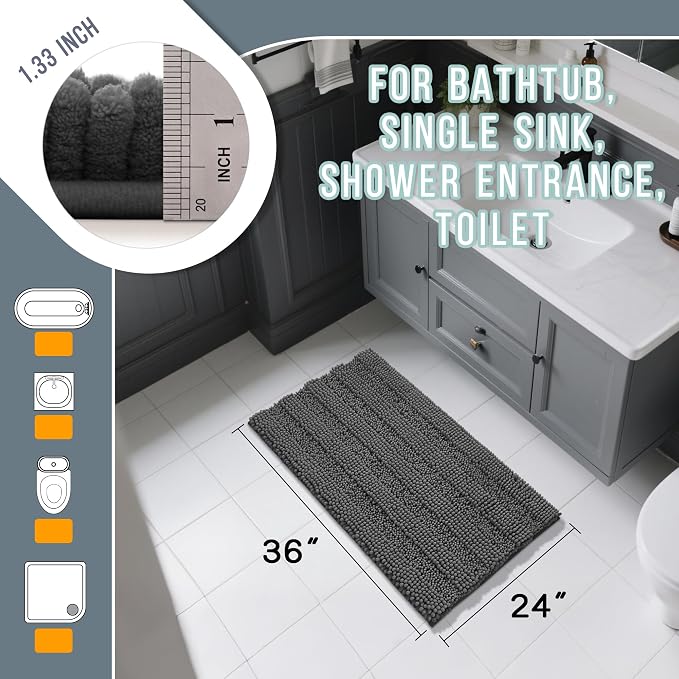 Yimobra Bathroom Rug Mat 36 x 24, Non Slip and Super Absorbent Bath Mat,Machine Washable Quick Dry,Ultra Plush Chenille Shower Rugs for Bathroom Floor Sink Tub and Shower Outside,Dark Gray