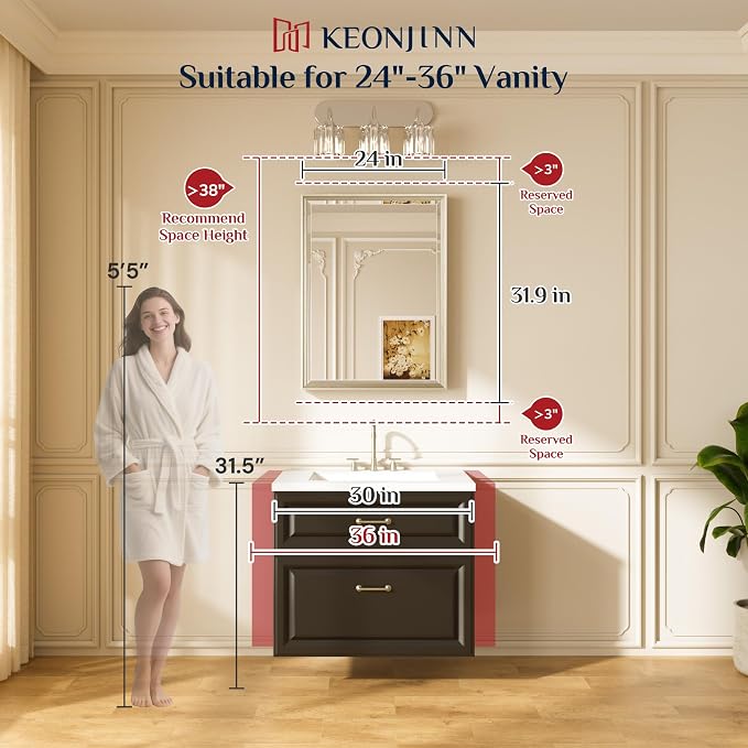 Keonjinn 24" x 32" Gold Bathroom Mirror, Secure French Cleat Installation | Aluminum Alloy Frame, Rustproof, HD Tempered Glass with Beveled Edge, Brushed Gold Mirrors for Wall, Hallway, Entryway Decor