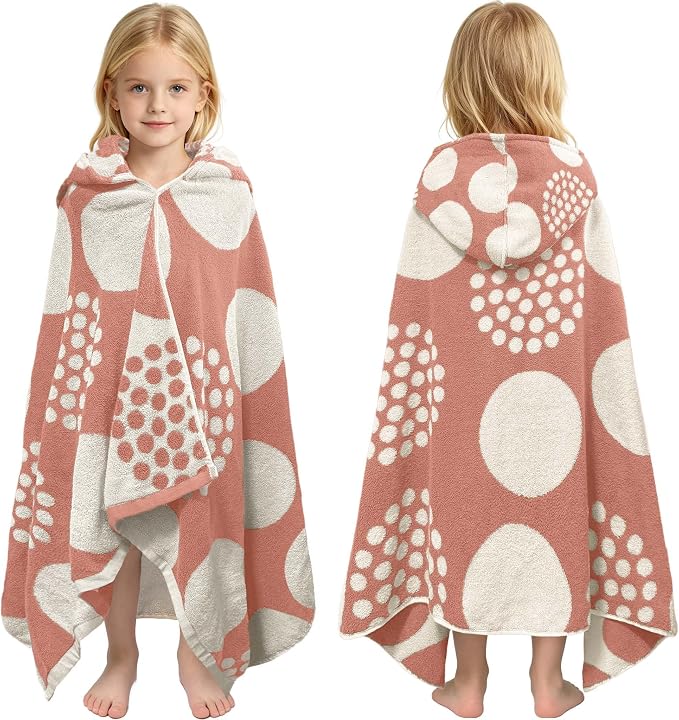 VOOVA & MOVAS Kids Hooded Towel, 3-8 Years, 100% Cotton, Orange Blue Dot | Exquisite Dot Jacquard Design, Fast Absorbing Fabric, Perfect for Bathing, Swimming, Beach and Pool