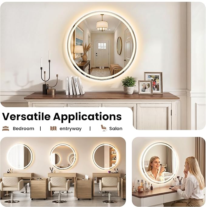 24 Inch Round LED Bathroom Mirror with Anti-Fog Backlit + Front Lit | Dimmable, 3 Color Temperature, Tempered Glass, Wall Mounted, Shatter-Proof Vanity Mirror with Light for Washroom, Closet