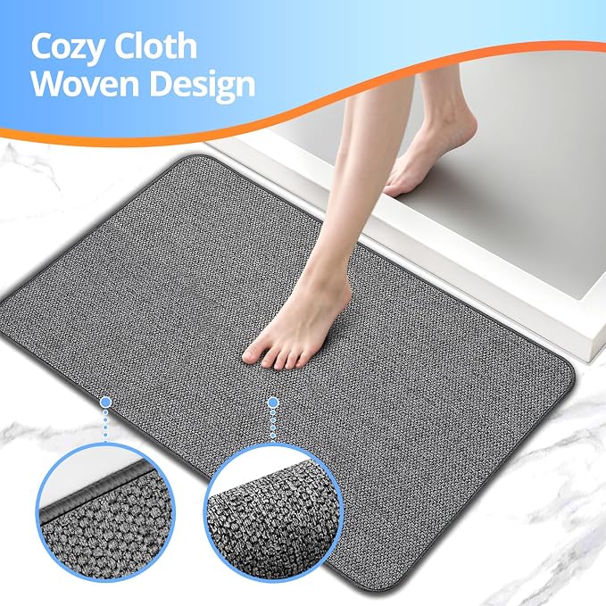 Upgraded Bath Mat 19x30Inch, Thin Bath Mats Rugs with Rubber Backing Non-Slip, Absorbent,Quick Dry Machine Washable, Home Decor Accessories Cozy Cloth Bathroom Rugs fit Under Door/Sink/Tub-Dark Grey