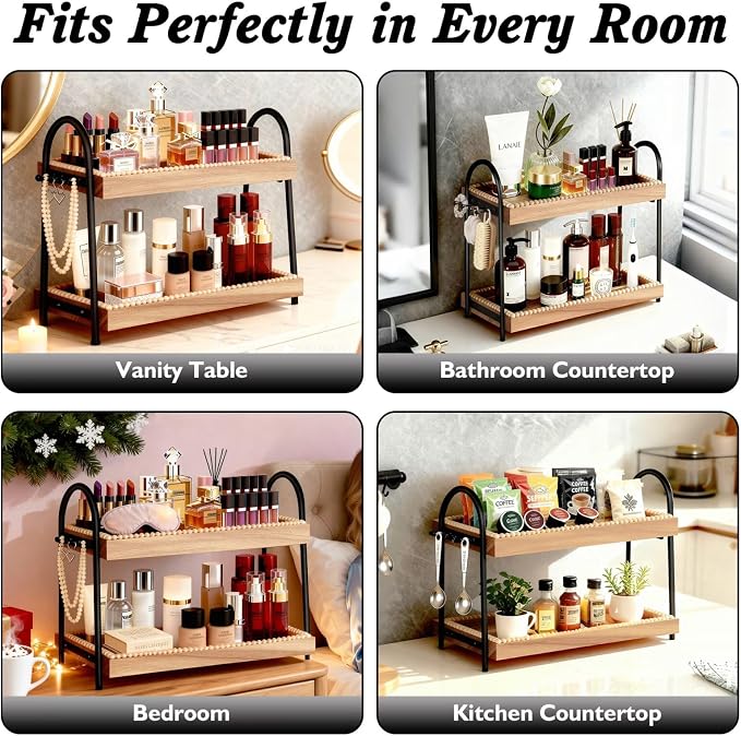 Bathroom Organizer Countertop Tall 2-Tier Waterproof 20+ Bottles 8 Hooks | Tall design for family bathroom/vanity, fits tall perfume/skincare, paulownia wood shelf, 8 hooks keep jewelry tidy, non-slip