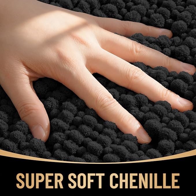 OLANLY Thick Chenille Small Bathroom Rugs 24x16, Absorbent Bath Mat, Black | Soft Bath Rugs, Rubber Backing, Machine Wash Dry, Bath Mats for Bathroom, Tub and Shower, Home Decor Accessories