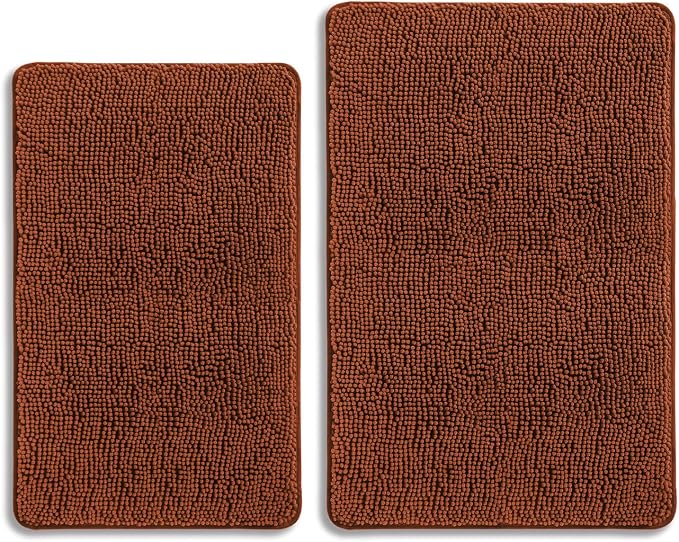 Rust Bathroom Rugs Sets 2 Piece – Absorbent and Washable Bath Mat, Non-Slip, Thick Soft Chenille Bath Rugs for Bathroom Floor, Shower, Sink - 20" x 32"+24" x 36"