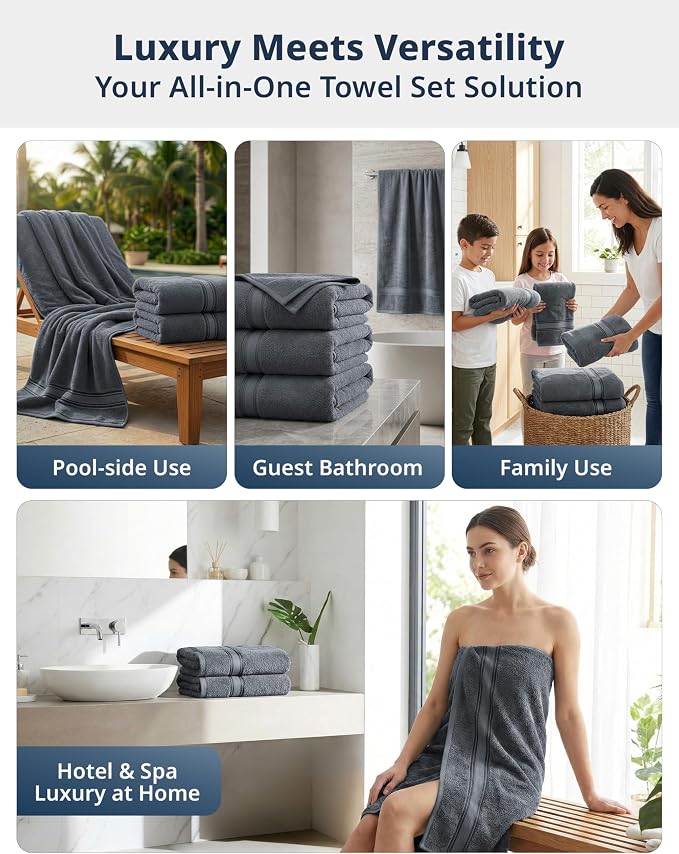 LANE LINEN 100% Cotton Bath Sheets - Exclusive Zero Twist Technology - 4 Pack (35"x66") Large Bath Towels Set - Ultra Soft, Fade Resistant & Quick Drying - Holds well after Multiple Washes - Cool Gery
