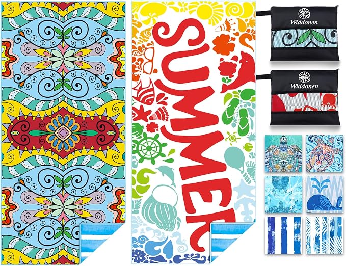 Widdonen Microfiber Beach Towel,Compact 2 Pack-71x32 Inch with Bag Travel | Extra Large,Lightweight,Thin,Sand Free,Quick Dry,Absorbent.Packable for Camping,Swim,Pool,Bath,Picnic,Cruise Essentials Gift