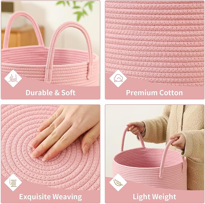 Laundry Basket Hamper Tall Rope Storage Woven for Blanket toys Dirty Clothes in Living Room Bathroom Bedroom (Pink, 80L/21.3Gal)