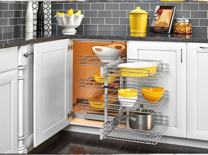 Rev-A-Shelf Chrome 3-Tier Wire Pullout Organizer with Soft-Close for Blind Corner Kitchen/Bathroom Cabinets, Adjustable 6-Basket Storage System, Min Opening Width of 18", 5PSP3-18SC-CR