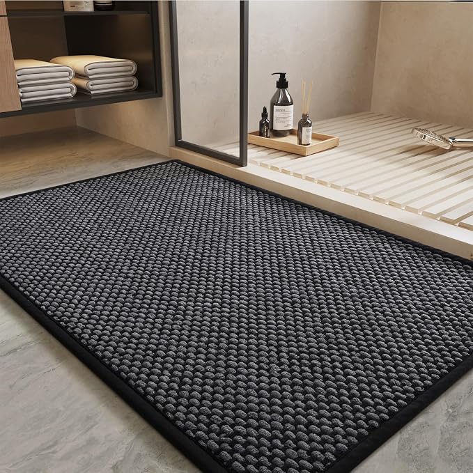 PADOOR-Bath Mat-Super Absorbent Chenille Bathroom Mats-Rubber Backed Bath Mats for Bathroom Non Slip, Easy Clean Bathroom Rugs Front of Bathtub,Shower Room,Sink-17×35, Darkgrey&Black