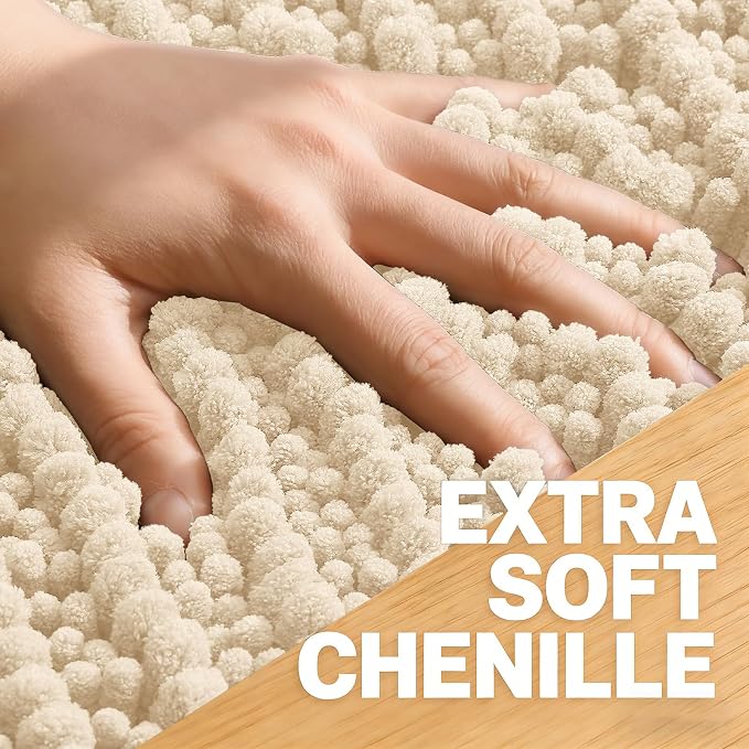 OLANLY Large Bathroom Rugs 44x32, Thick Soft Absorbent Chenille Bath Rugs | Beige, Quick-Drying Rubber Backing, Shaggy Bath Mat, Machine Washable for Floor, Tub and Shower, Home Decor Accessories