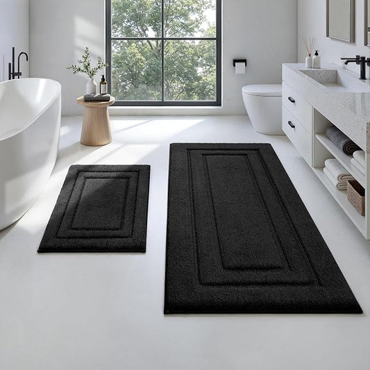 HOMEIDEAS Bathroom Rugs Sets 2 Piece, Super Soft and Absorbent Non Slip Microfiber Machine Washable Bath Mat Set (20" x 47" + 16" x 24", Black)