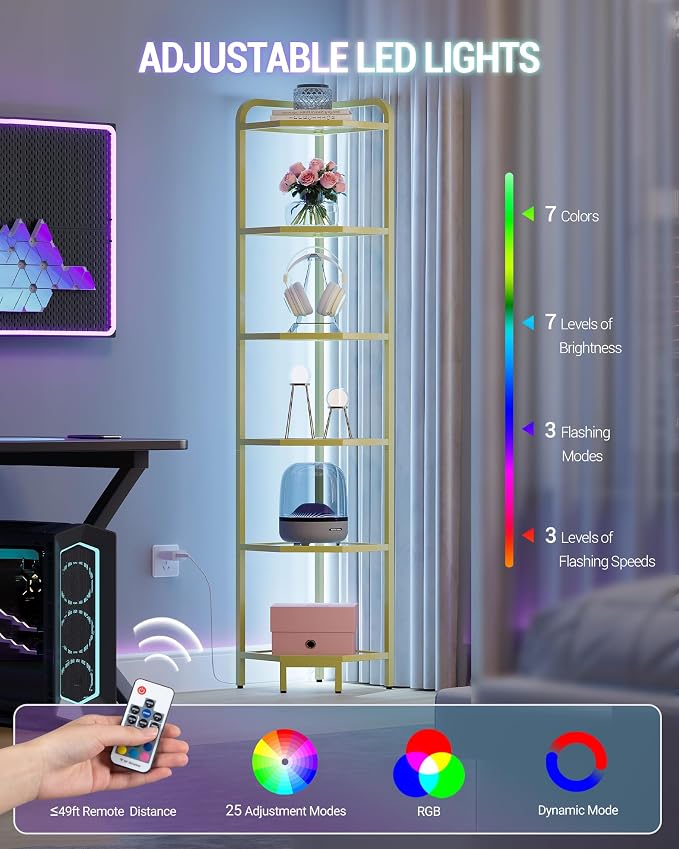 Hzuaneri Corner Shelf with LED Lighting, 6-Tier Glass Bookshelf | Steel Frame, Tempered Glass, Modern Style Corner Shelf, Suitable for Living Rooms, Bedrooms and Games Rooms CS09699G