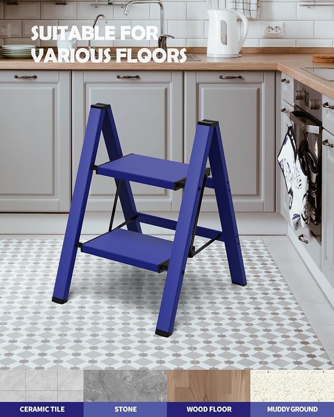 Taranta 2 Step Stool Foldable,Aluminum Step Ladder-Blue | Lightweight,Wide Anti-Slip Pedals,Folding Step Stool,330lbs Capacity for Household,Kitchen,Office
