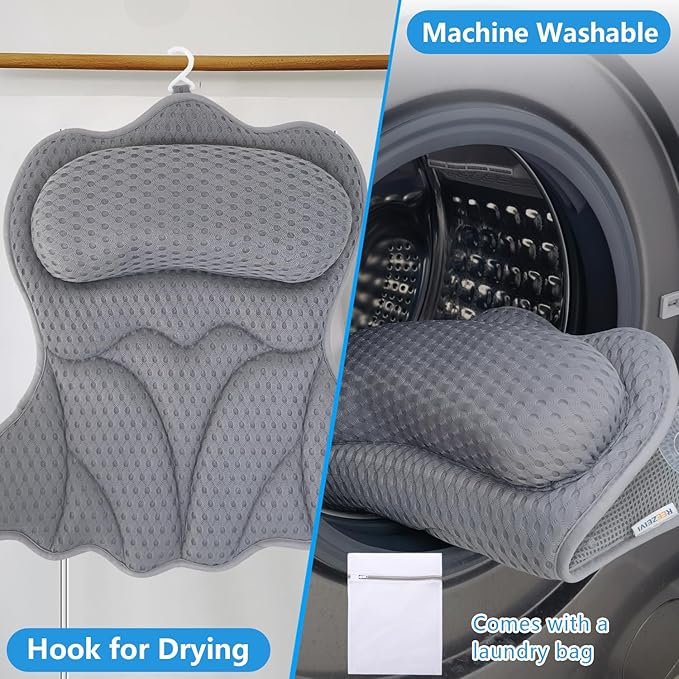 REEZEIVI Bath Pillows for Tub,Thick Neck Back Support Bathtub Cushion,Gray | 4D breathable body-fitting mesh, 6 strong anti-slip suction cups, machine washable & quick drying, durable for all bathtubs