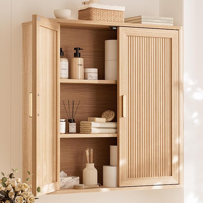 Bathroom Storage Wall Cabinet, Over the Toilet Storage Cabinet Above Toilet Storage, Medicine Cabinet with Adjustable Wood Shelf & Doors for Laundry Room & Kitchen & Living Room (Natural Oak)