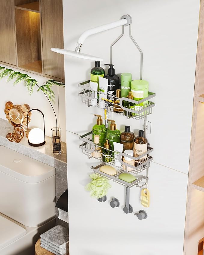 HapiRm Bathroom Hanging Shower Caddy - Rustproof Shower Shelf with 12 Hooks and 2 Soap Holders, No Drilling Bathroom Organizers and Storage - Brushed Nickel