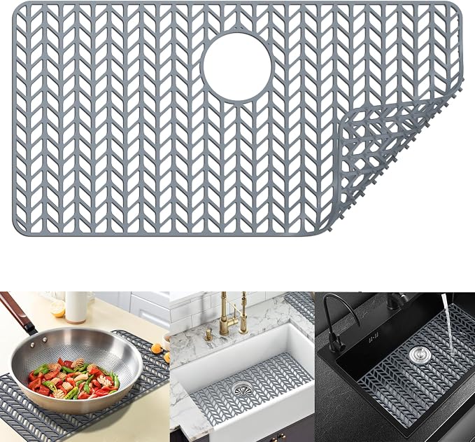Sink Protectors for Kitchen Sink 29.7"x15.5" Rear Drain Sink Mat | Various sizes and styles,Protector for sinks and dish,Withstand to 500F,Food-grade silicone ,raised feet,Dishwasher Washing
