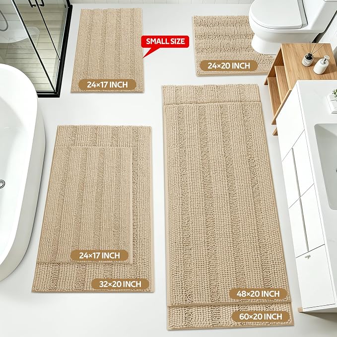 Striped Beige Bathroom Rug Set 3 Pieces Ultra Soft, Non Slip Chenille Toilet Mat, Absorbent Plush Shaggy Bath Mats for Bathroom, Bedroom, Kitchen
