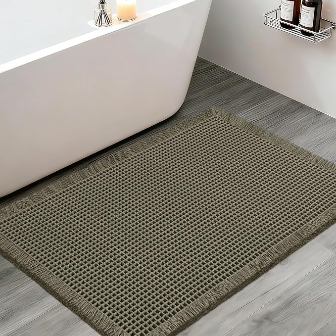 Upgraded Waffle Bath Mat, 32"x20" Greyish Green, Super Absorbent Non-Slip Quick Dry Bathroom Rugs with Tassels, Machine Washable Ultra Soft Boho Bath Rugs for Floor, Toilet Mats Boho Farmhouse Decor