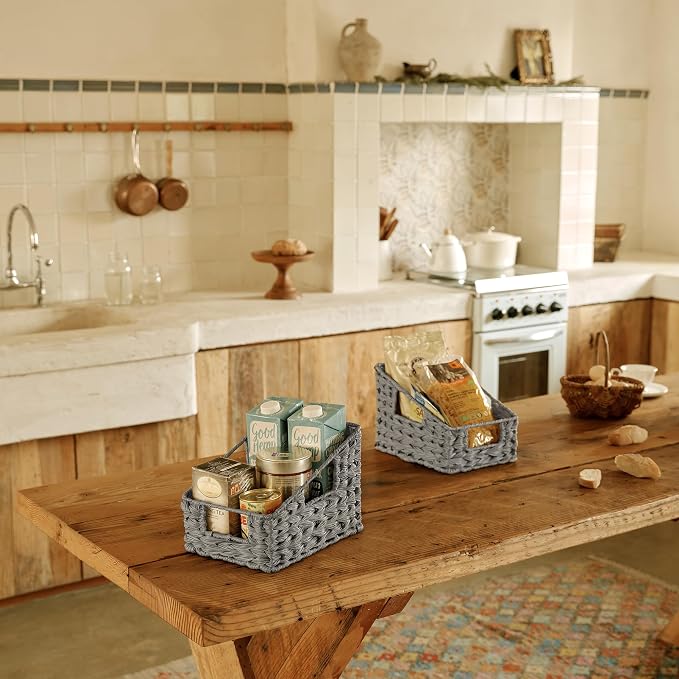 GRANNY SAYS Wicker Basket with Handles, Shelf Baskets for Organizing | Wicker Storage Baskets for Pantry, Open Front Basket for Shelves, Kitchen Storage Baskets, Decorative Basket for Home Decor