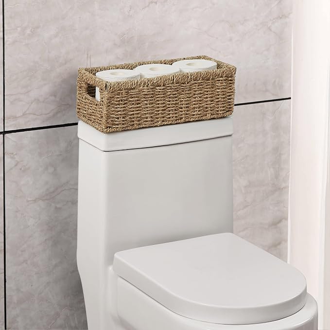 Wicker Storage Basket, Hand-Woven Seagrass Wicker Baskets with Handles, Toilet Paper Basket for Toilet Tank Top, Small Wicke Baskets for Organizing Shelves, 2-Pack, Seagrass