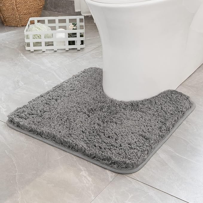 MIULEE Grey Toilet Bathroom Rug U-Shaped Microfiber Bath Mat 24x24 Inch | Absorbent, Non Slip, Quick Dry, Fluffy Bath Rugs for Bathroom Floor Tub Showers, Machine Washable