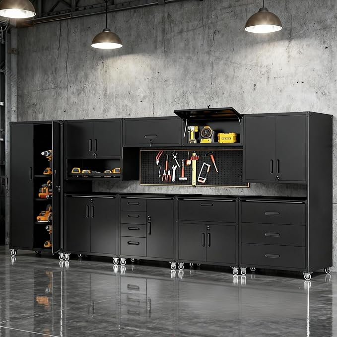 Garage Storage Cabinet System,Wall Cabinet & Locking Rolling Tool Cabinet with Doors and Adjustable Shelves