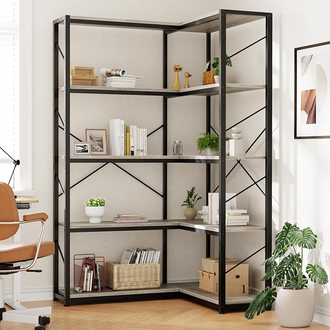 Shintenchi 5 Tier Corner Bookshelf, L Shaped Large Bookcase, Grey | Etagere Bookcase, Corner Shelf Display Storage Rack, with Metal Frame, for Living Room, Bedroom, Office