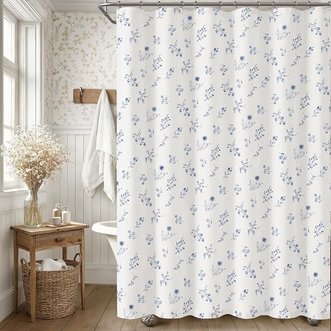 Dark Blue Floral Farmhouse Vintage Cotton Shower Curtain, French Country Shower Curtains for Bathroom, 72Wx72H