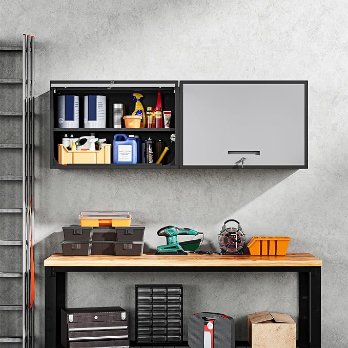 Metal Wall Cabinet with Doors and Shelves, Wall Mounted Storage Cabinet for Garage, Basement, Kitchen, Warehouse (Black Gray, 21.6" H)
